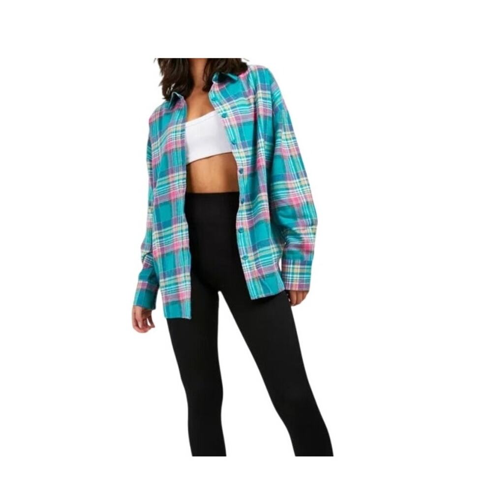 Boohoo Oversized Flannel Shirt Multicolor Plaid Button Up Indie Grunge SZ 8